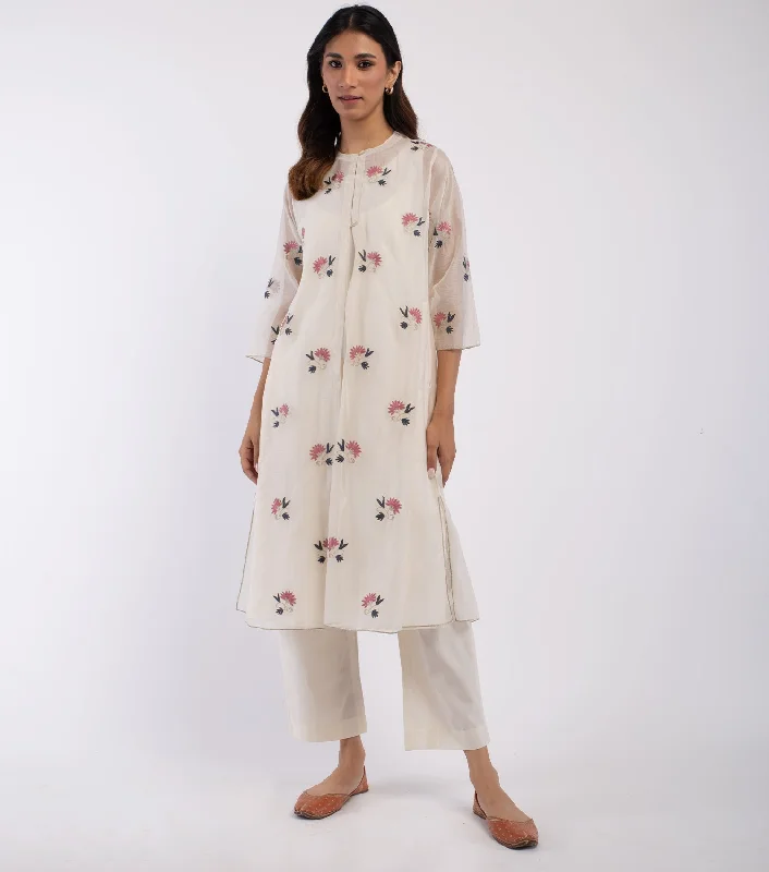 Ivory Embroidered Chanderi Cape & Palazzo Pants Set Casual Yoga Pants