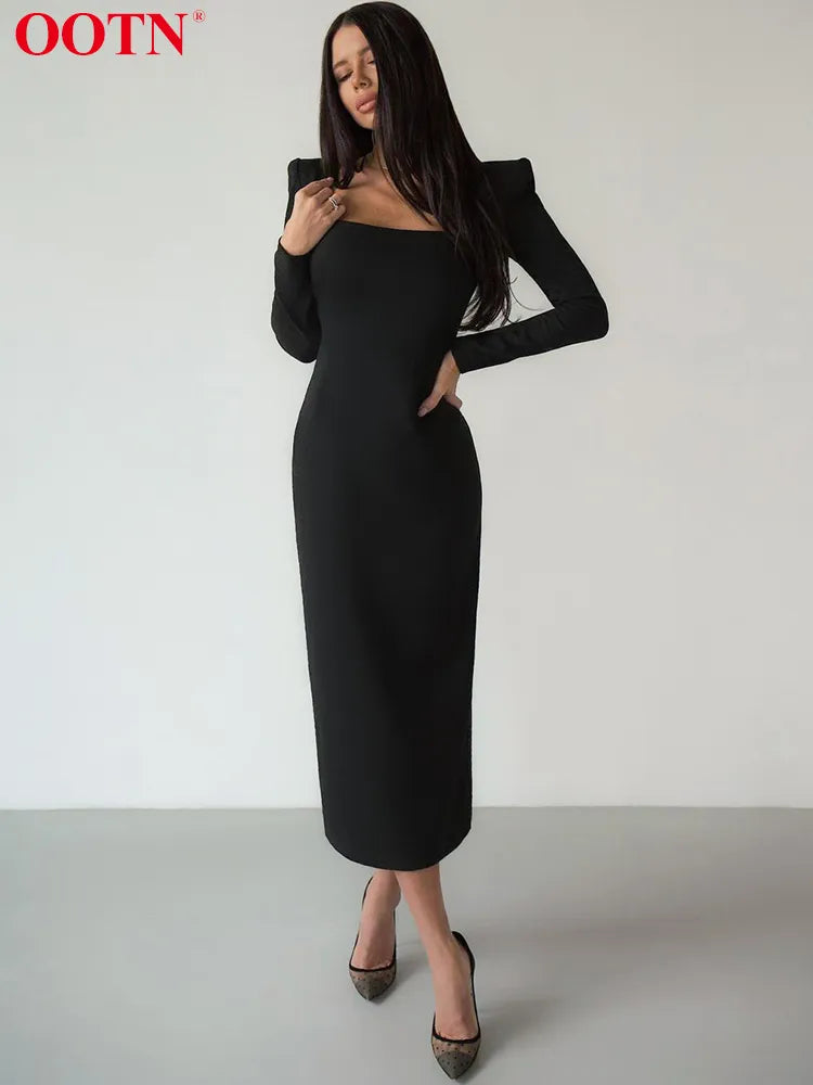 OOTN Elegant Black Bodycon Dress Stretch Square Neck Long Sleeve Party Dresses Women Spring Split Mid-Calf Solid Sexy Dress 2022 Halter Neckline Beach OOTN Elegant Black Bodycon Dress Stretch Square Neck Long Sleeve Party Dresses Women Spring Split Mid-Calf Solid Sexy Dress 2022 Halter Neckline Beach