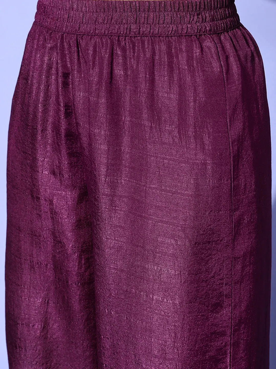Women Burgundy Mirror Embroidered Top With Palazzo Pants Relaxed Linen Pants