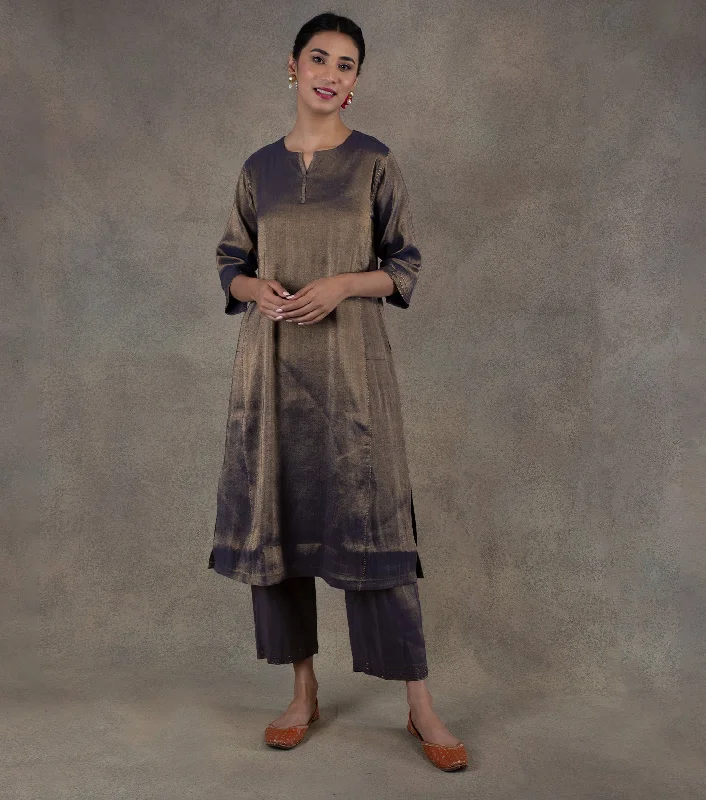 Navy Blue Tissue Flared Kurta & Palazzo Pants Set Stretch Fit Pants
