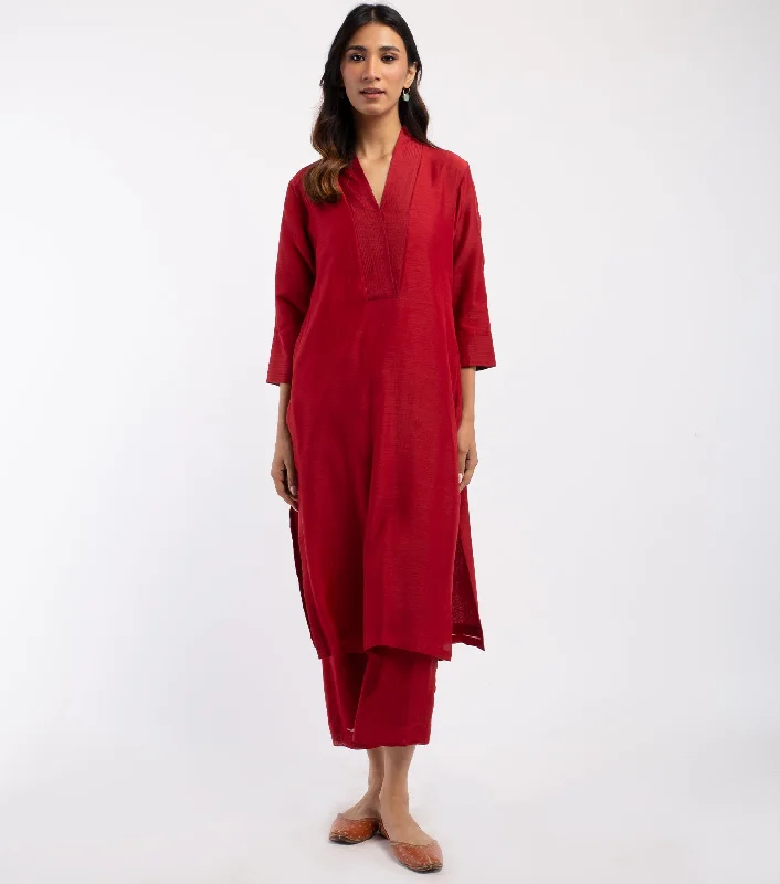 Red Cotton Silk Kurta & Pants Set Fashionable Jogger Pants
