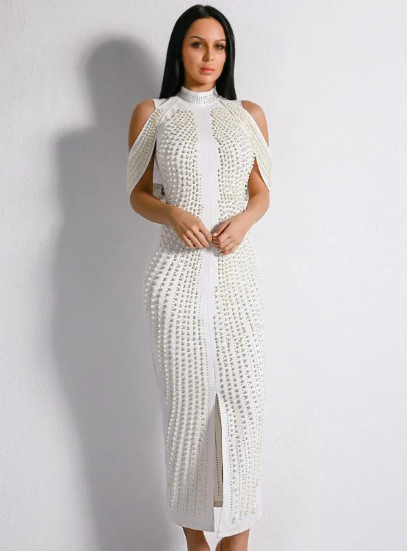 SEXY SHEATH WHITE SHOULDER PEARL HIGH NECK PARTY DRESS Tunics Review highly