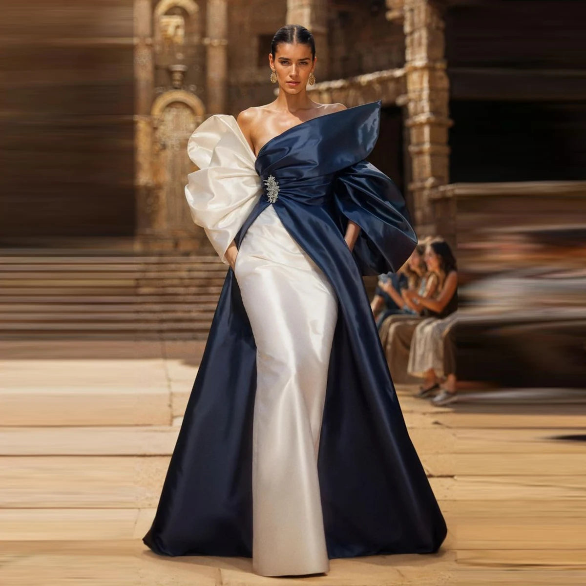 Dark Navy And White Evening Dresses Off The Shoulder Ruched Satin Mermaid Prom Dresses Elagent Women Formal Occasion Party Dress Tunics Versatile stylish Dark Navy And White Evening Dresses Off The Shoulder Ruched Satin Mermaid Prom Dresses Elagent Women Formal Occasion Party Dress Tunics Versatile stylish