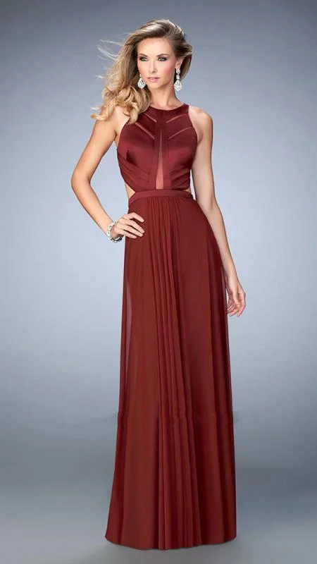 La Femme - Sheer Geo Cutout Open Back A-line Prom Dress 22450 Tunics Lace romantic