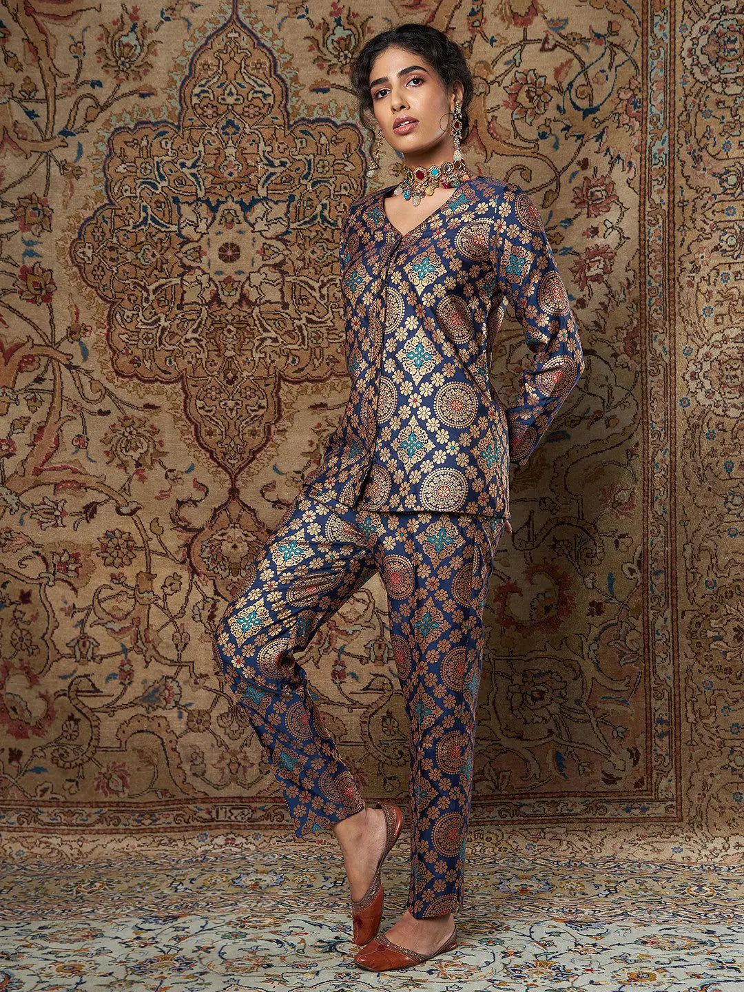 Women Navy Large Indian Motif Brocade Pants Chic Faux Leather Pants