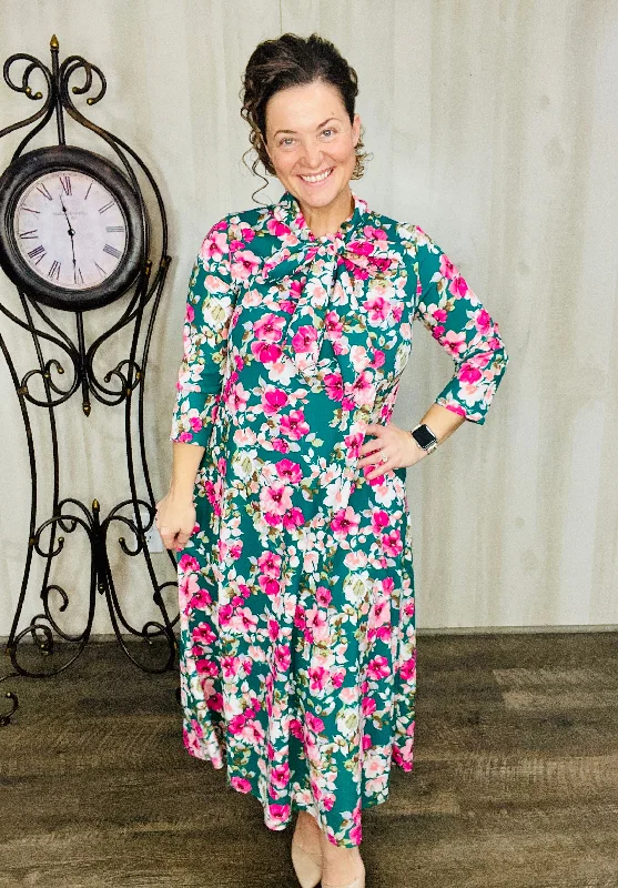 Brenda Green Floral Bow Dress Maxi Flowy Bohemian