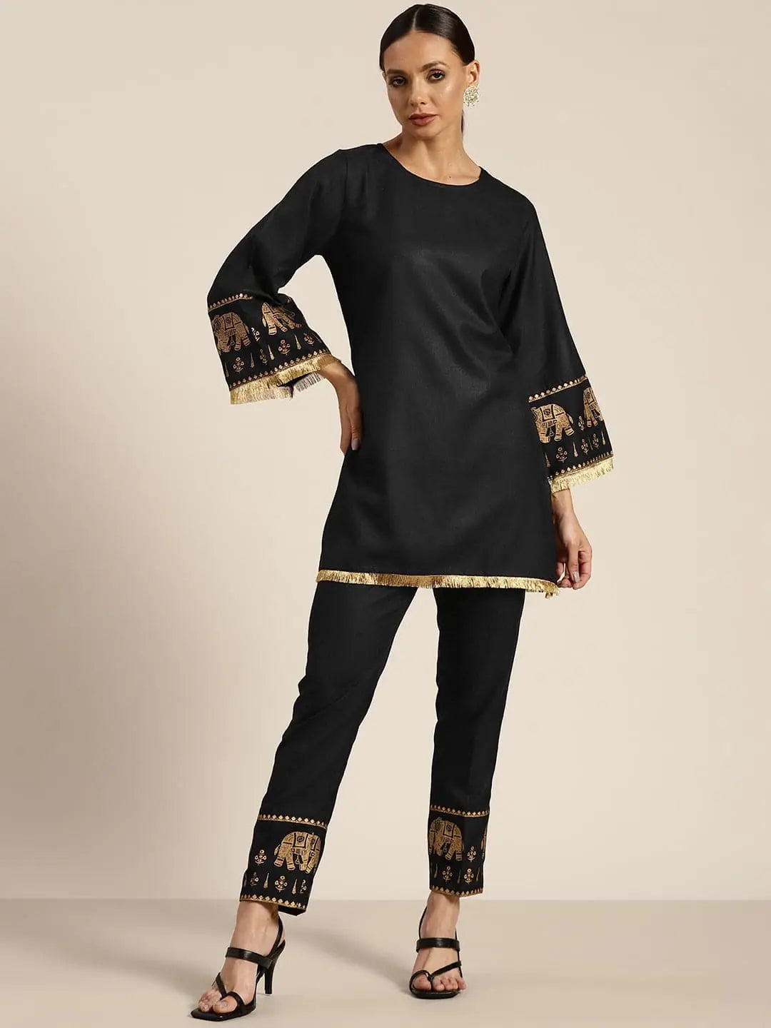 Women Black Foil Elephant Border Kurta With Pencil Pants Elegant Silk Pants