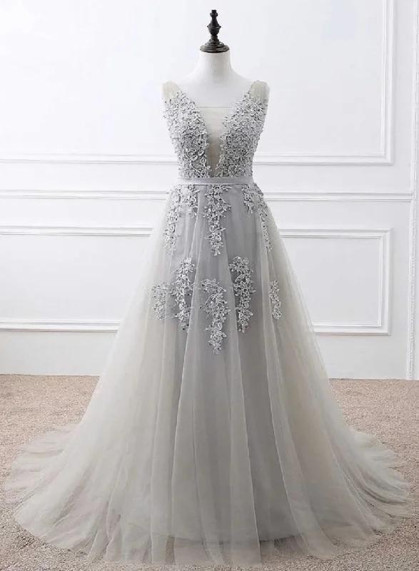 Light Grey High Quality Long Party Dress, New Prom Dress Tunics Polka dots