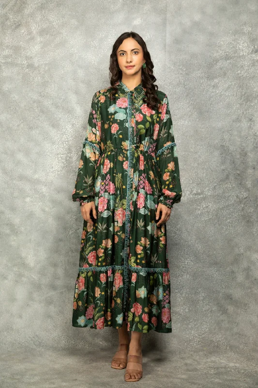 Green Floral Printed Dress Tunics Evening elegant