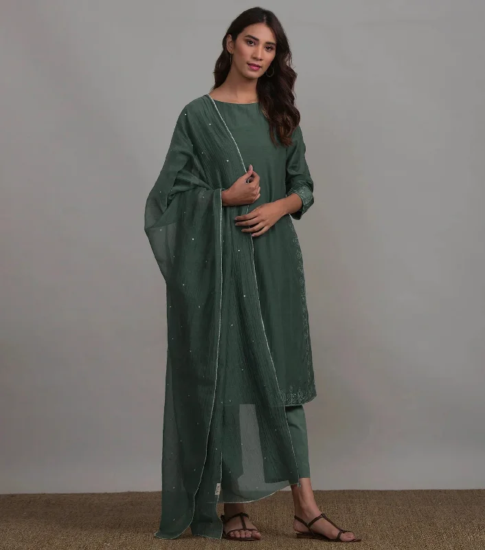 Forest Green Embroidered Cotton Silk Kurta & Pant Set Comfortable Pleated Pants