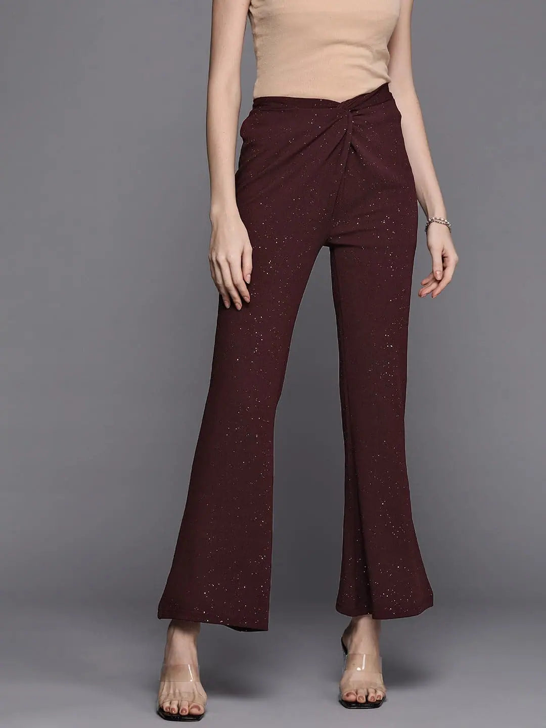 Women Burgundy Shimmer Twisted Bellbottom Pants Cozy Full-Length Pants