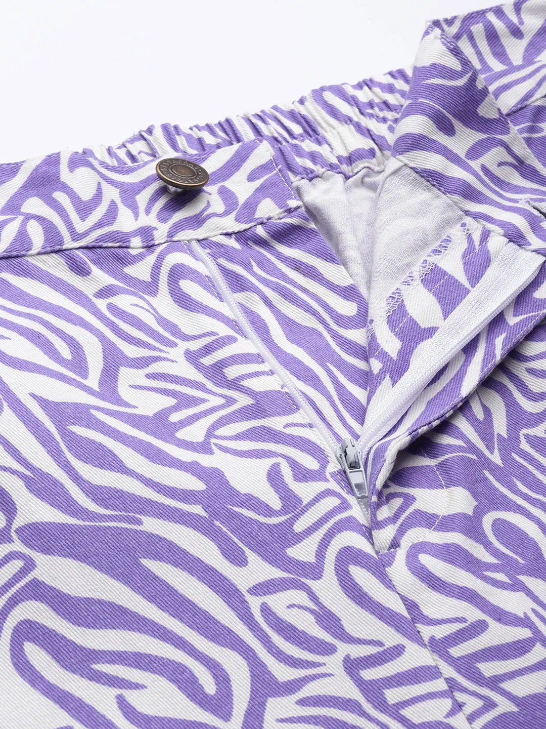 Women Purple Abstract Print Twill Straight Pants Elegant High-Waist Pants
