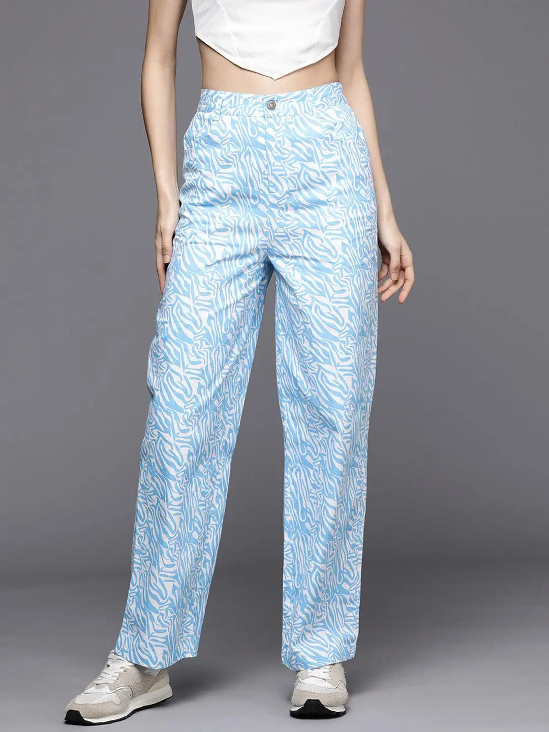 Women Blue Abstract Print Twill Straight Pants Chic Wool Trousers