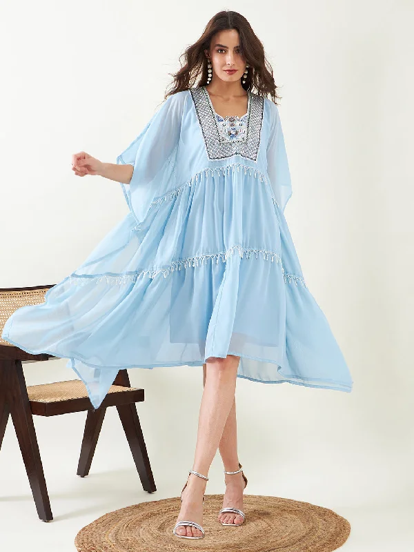 Blue Hand Embroidered Layered Party Dress with Slip Tunics Yoga stretchy