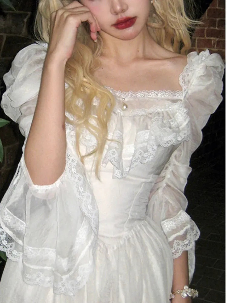 Advbridge White fluffy sleeved Lolita Fairy Dress Women's Vintage Chiffon Elegant Sweet Midi Dress Lace Korean Party Dress Women's Crew Neckline Sporty Advbridge White fluffy sleeved Lolita Fairy Dress Women's Vintage Chiffon Elegant Sweet Midi Dress Lace Korean Party Dress Women's Crew Neckline Sporty
