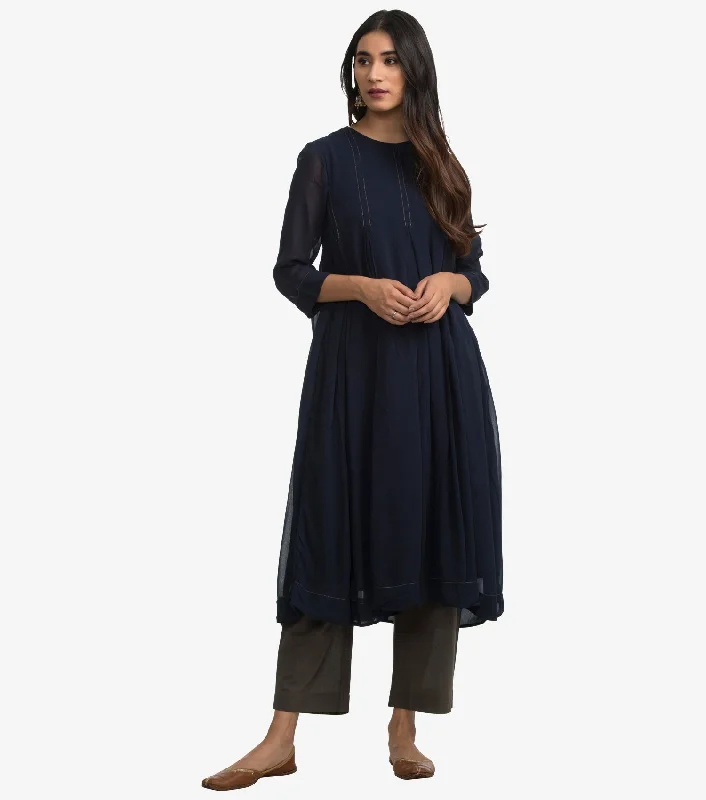 Navy Blue Georgette Kurta & Cotton Pants Set Formal Wide-Leg Pants