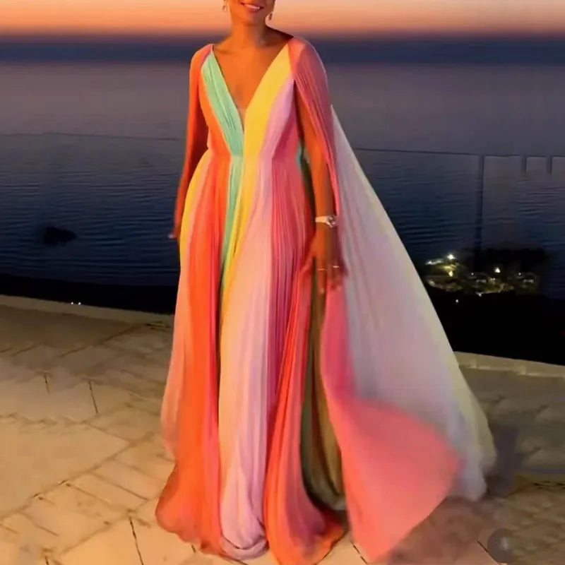 Ellafads Women Maxi Dress Summer Elegant Chiffion V Neck Backless Pleated Colorful Print Nipped Waist Shawl Evening Party Dress Tunics Versatile functional Ellafads Women Maxi Dress Summer Elegant Chiffion V Neck Backless Pleated Colorful Print Nipped Waist Shawl Evening Party Dress Tunics Versatile functional