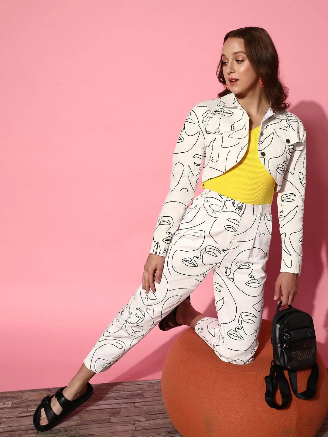 Women White Twill Face Print Tapered Pants Elegant Wool Trousers