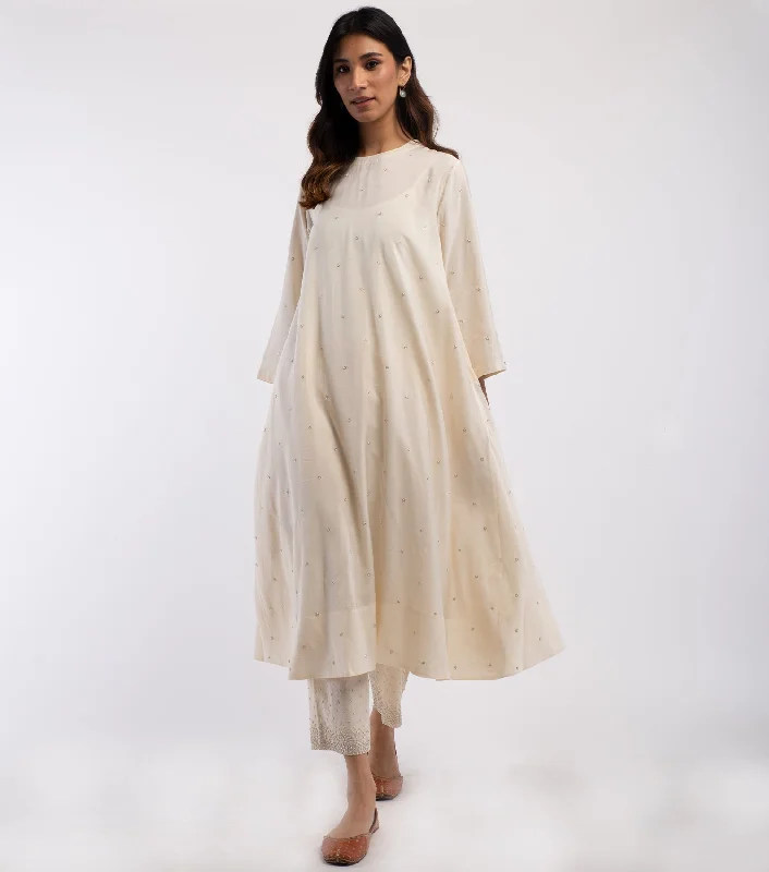 Ivory Chanderi Embroidered Kurta & Palazzo Pants Set Chic Capri Pants