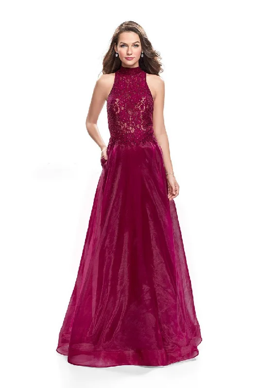 La Femme 25664 - Beaded Lace Halter Dress Crew Neckline Casual