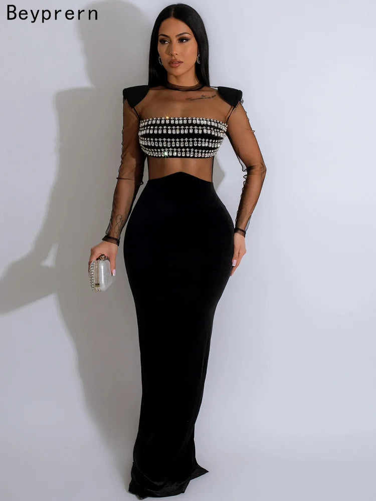 Beyprern Women's Sheer Mesh Rhinestones Décor Long Maxi Dress Glam See-Through Back Slit Sequin Party Dress Celebrities Outfits Tunics Brand named Beyprern Women's Sheer Mesh Rhinestones Décor Long Maxi Dress Glam See-Through Back Slit Sequin Party Dress Celebrities Outfits Tunics Brand named