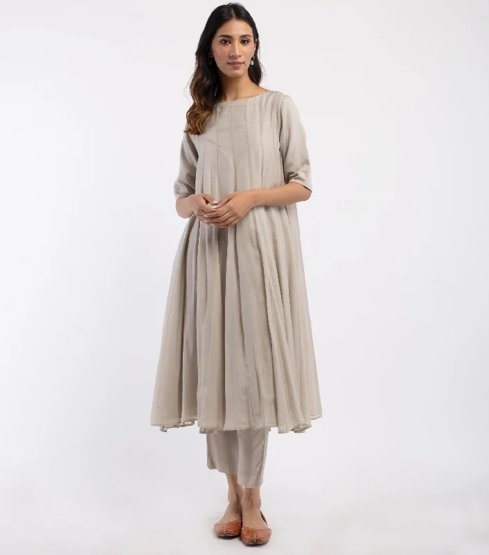 Grey Cotton Silk Kurta with Pants Set of 2 Soft Cotton Pants