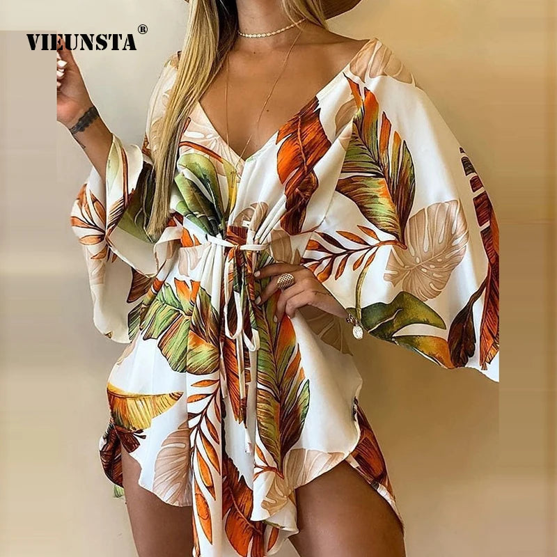 New Summer Women Elegant Dresses Sexy V Neck Lace-up Floral Printed Mini Dress Casual Flared Sleeve Irregular Ladies Party Dress Peplum Ruffle Cocktail New Summer Women Elegant Dresses Sexy V Neck Lace-up Floral Printed Mini Dress Casual Flared Sleeve Irregular Ladies Party Dress Peplum Ruffle Cocktail