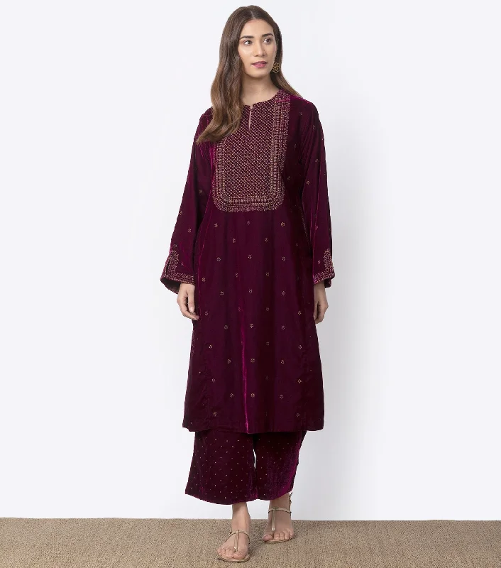 Wine Velvet Embroidered Kurta & pants set Chic Checkered Pants