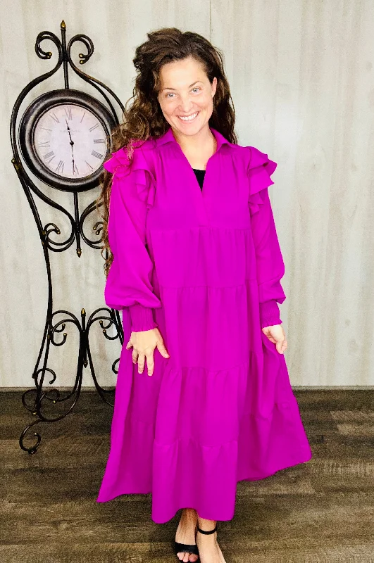 Michelle Ruffle Swing Dress-Magenta (Regular & Plus) Tunics Bridal satin