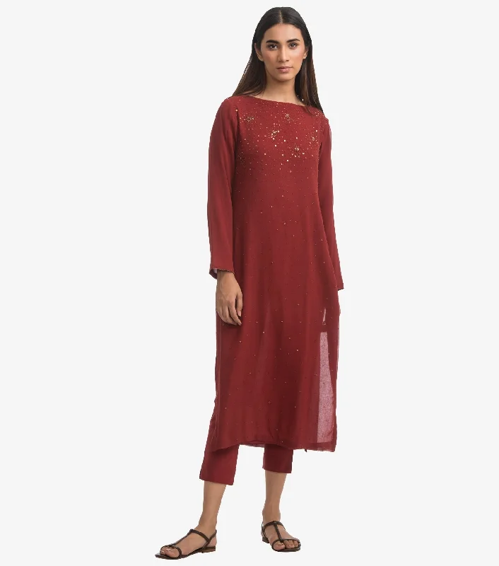 Maroon Georgette Kurta & Cotton silk pants set Classic Straight Pants