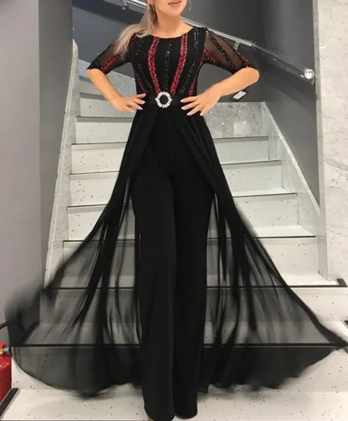 Fit Flare Sequins Belted High Slit Maxi Party Dress Tunics Ceremony elegant