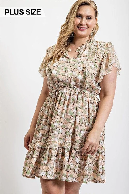Floral Printed Ruffle Detail Dress With Elastic Waist Tunics Winter warm