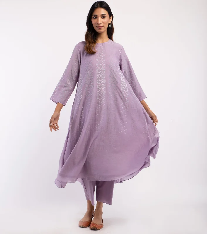 Lavender Embroidered Cotton Kurta & Palazzo Pants Set High-Waist Jeans