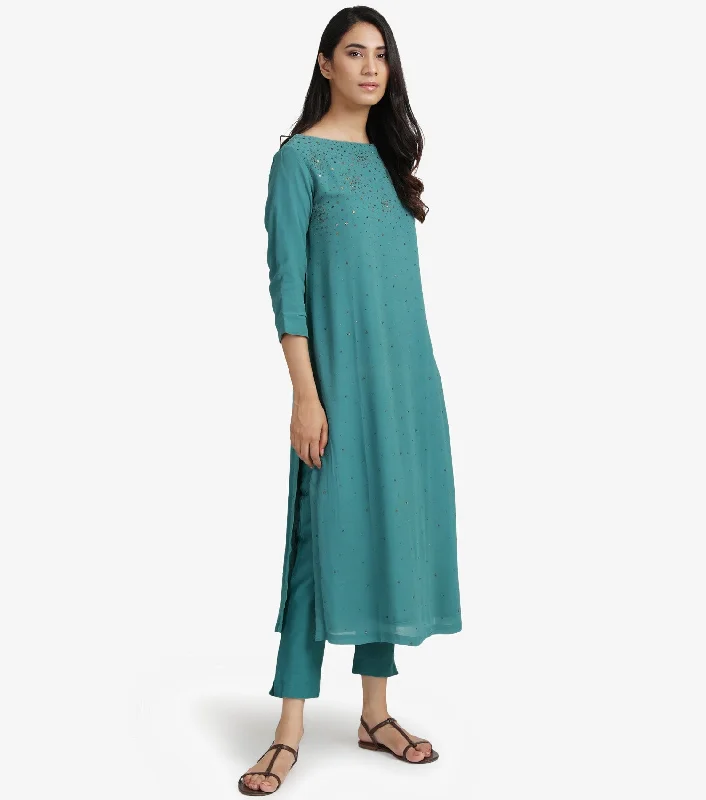 Teal Georgette Embellished Kurta & cotton silk pants Set Wide-Legged Palazzos