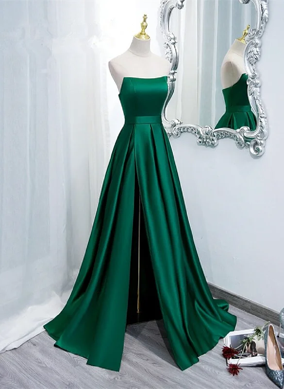 Green Satin Simple Long Party Dress with Leg Slit, Green A-ine Junior Prom Dress Tunics Bestseller popular Green Satin Simple Long Party Dress with Leg Slit, Green A-ine Junior Prom Dress Tunics Bestseller popular