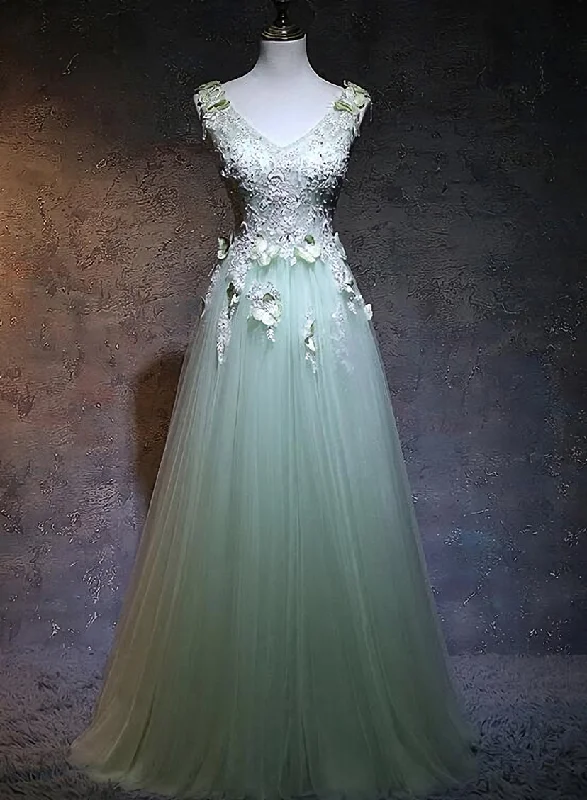 Light Green Tulle Long Party Dress, A-line Floor Length Prom Dress Tunics Lace romantic Light Green Tulle Long Party Dress, A-line Floor Length Prom Dress Tunics Lace romantic