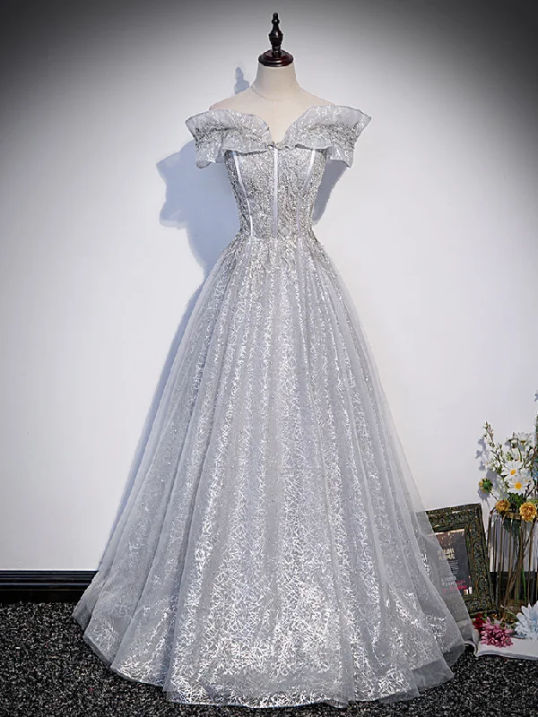 Sliver-Grey Shiny Tulle Off Shoulder Prom Dress, Sliver Long Party Dresses Tunics Formal black Sliver-Grey Shiny Tulle Off Shoulder Prom Dress, Sliver Long Party Dresses Tunics Formal black