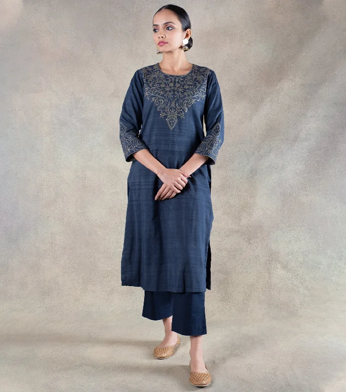 Navy Blue Hand Embroidered Tussar Cotton Kurta with Cotton Pants - Set of 2 Comfy Cargo Trousers Navy Blue Hand Embroidered Tussar Cotton Kurta with Cotton Pants - Set of 2 Comfy Cargo Trousers