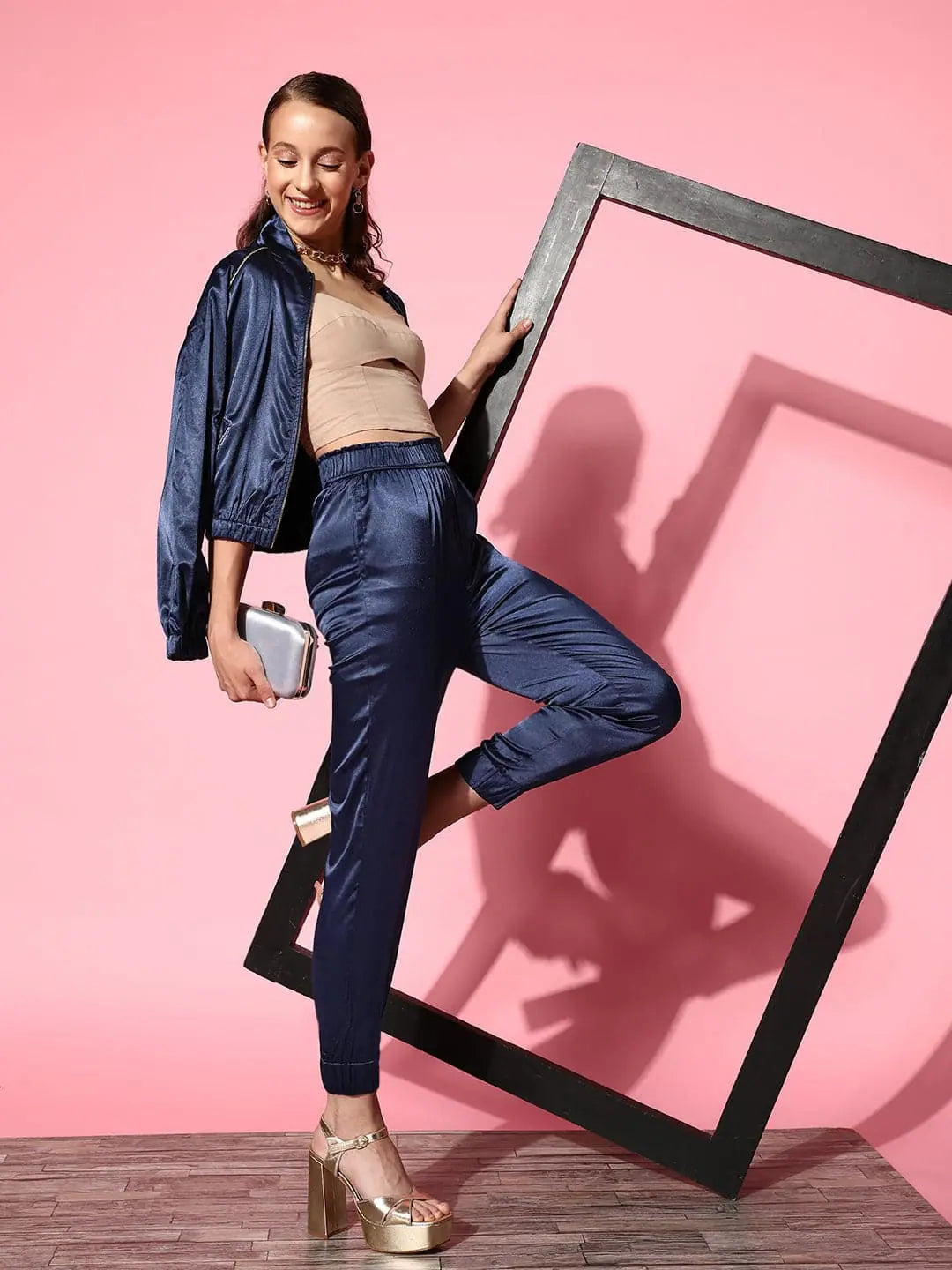 Women Navy Lycra Satin Jogger Pants High-Waist Jogger Pants