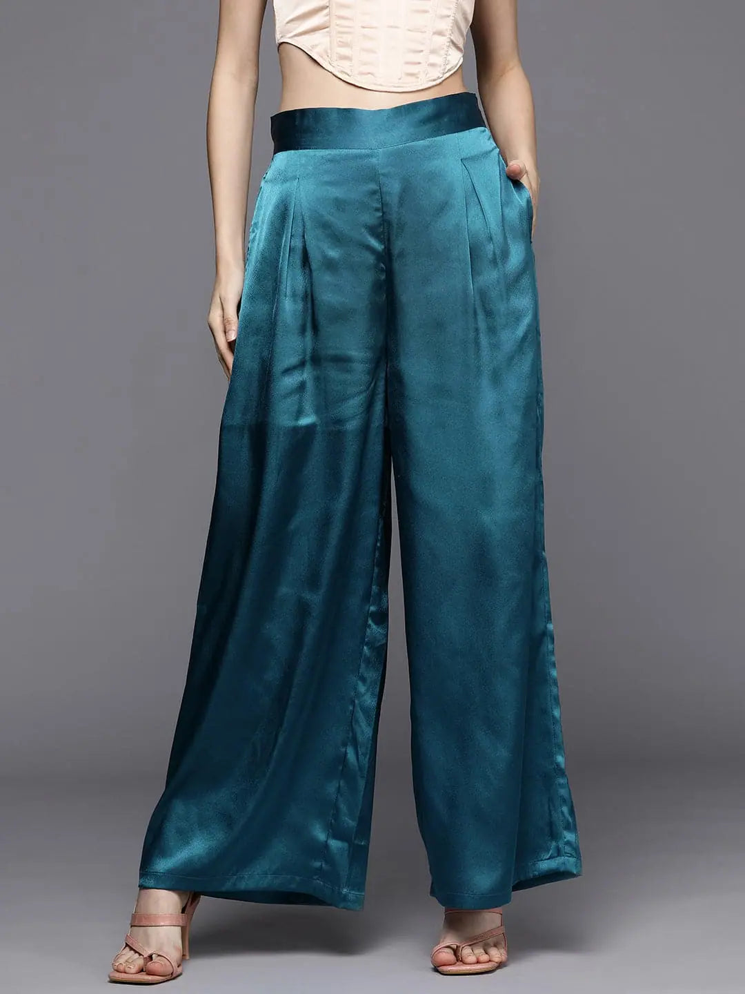 Women Teal Satin Pleated Wide Leg Pants Comfortable Pleated Pants