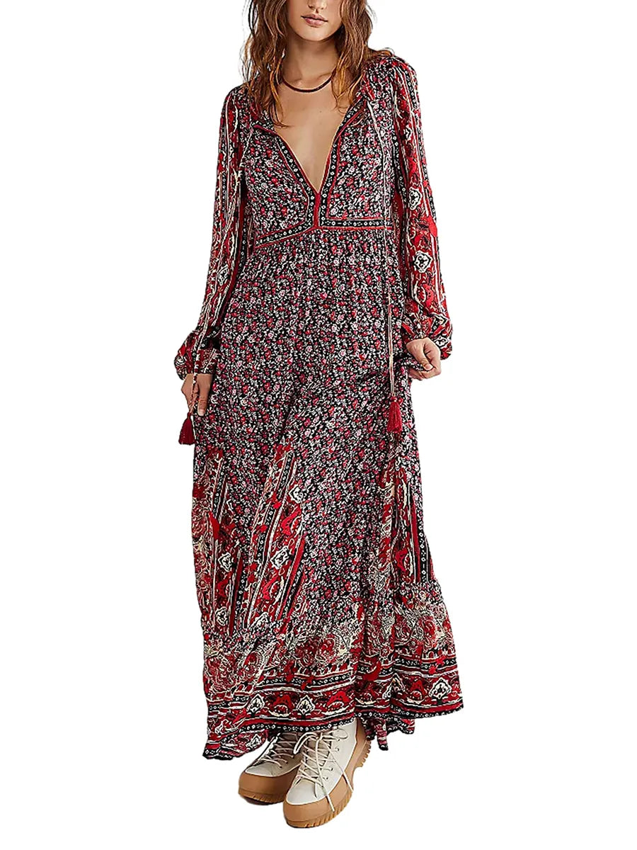 Women's Boho Long Dress Summer Holiday Drawstring Neckline Floral Print Big Swing A-Line Dress Bohemian Waist Tie Party Dresses Tunics Practical easy-care Women's Boho Long Dress Summer Holiday Drawstring Neckline Floral Print Big Swing A-Line Dress Bohemian Waist Tie Party Dresses Tunics Practical easy-care