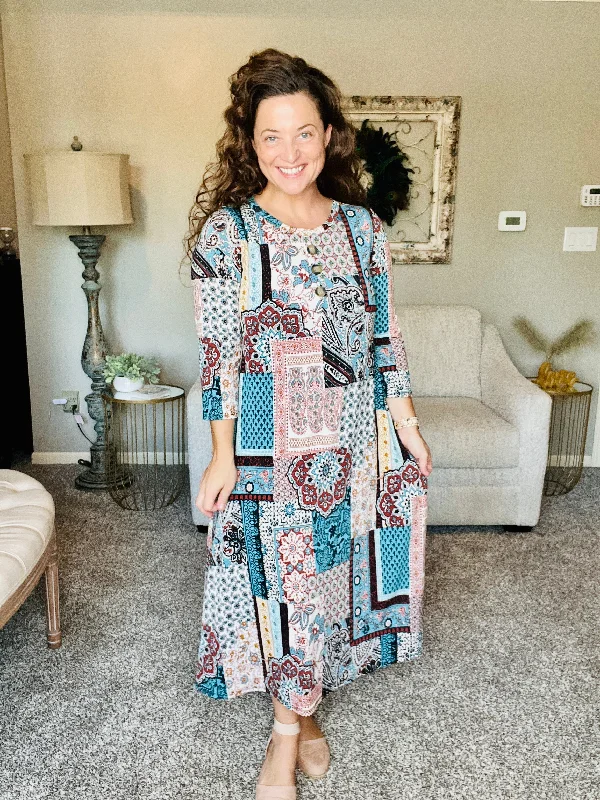 Brenda Blue Patchwork Print & Buttons Dress Boatneck Modish Everyday