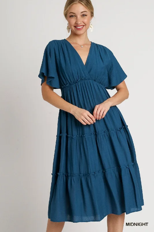 Smocked Short Sleeve V-Neck Dress empire Waist empire