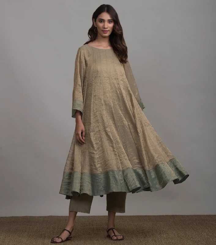 Beige Tissue Kurta & Palazzo Pants Set Classic Stretch Pants