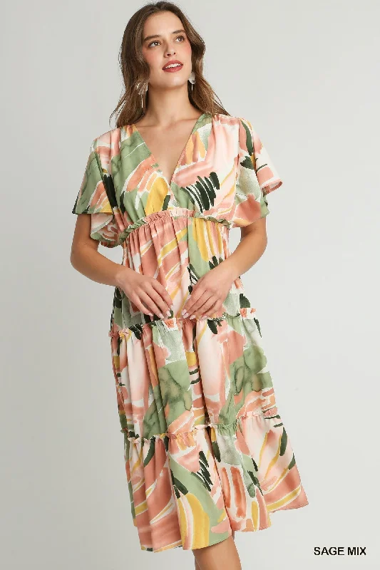 Abstract V-Neck Tiered A-Line Dress Boatneck Modish Everyday