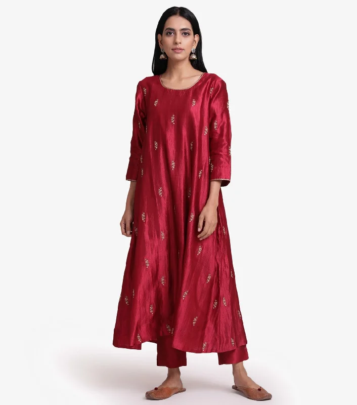 Maroon embroidered flared silk kurta & pants set Relaxed Lounge Trousers