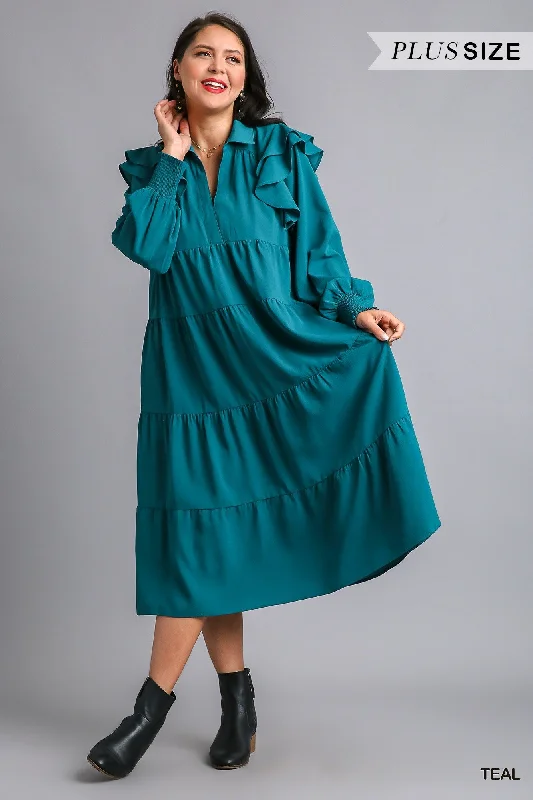 Michelle Ruffle Swing Dress-Teal Tunics Ceremony elegant