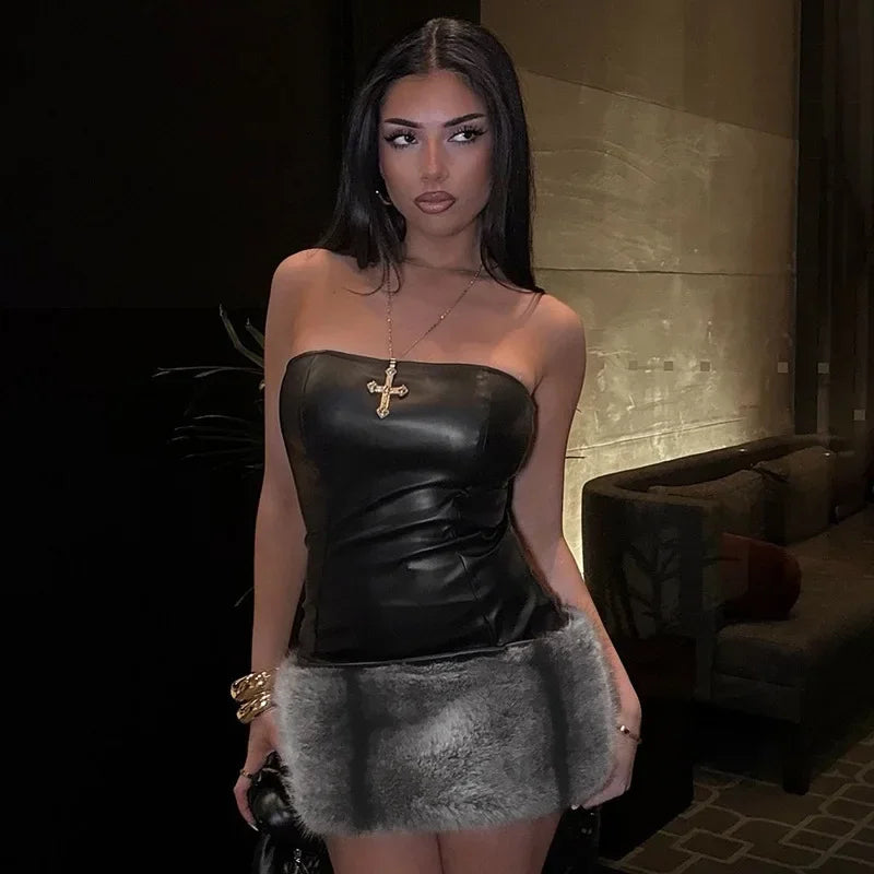 Advbridge Spring Fashion Leather Patchwork Mini Dress for Women Sexy Strapless Sleeve Bodycon Party Dress 2025 New Evening Club Dress Satin Halter Glamorous Advbridge Spring Fashion Leather Patchwork Mini Dress for Women Sexy Strapless Sleeve Bodycon Party Dress 2025 New Evening Club Dress Satin Halter Glamorous