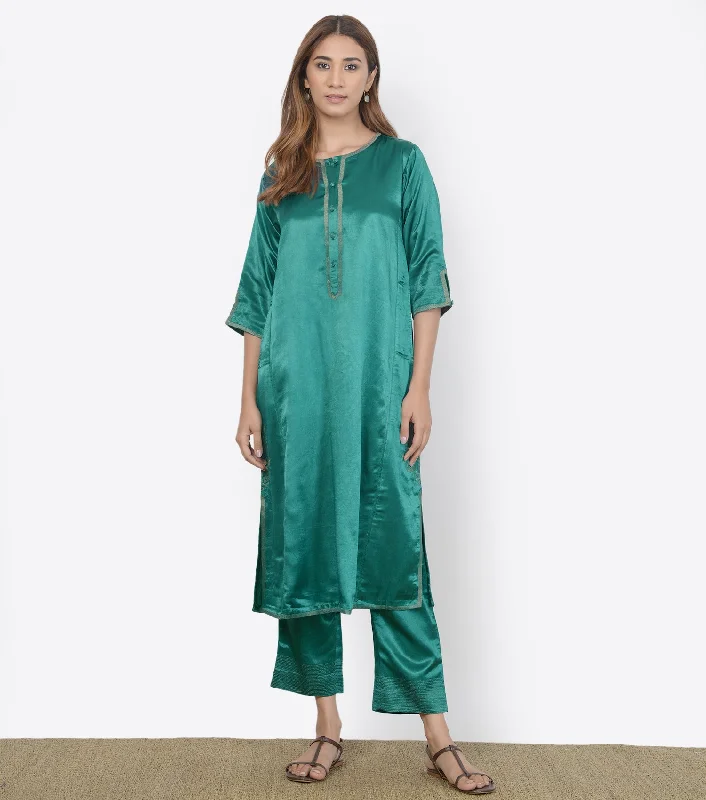 Emerald Mashroo Silk Kurta with pants - Set of 2 Classic Straight Pants