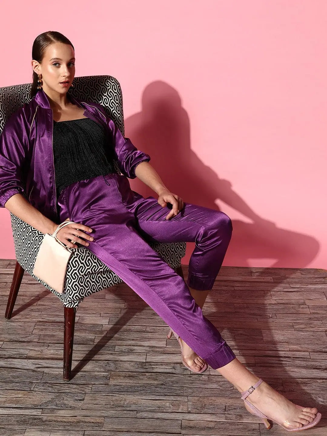 Women Purple Lycra Satin Jogger Pants Cozy Jogger Leggings